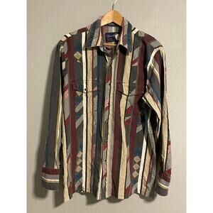 Vintage Wrangler Mens Shirt 17.5x37 Striped Snap Button X Long Tails Western 90s